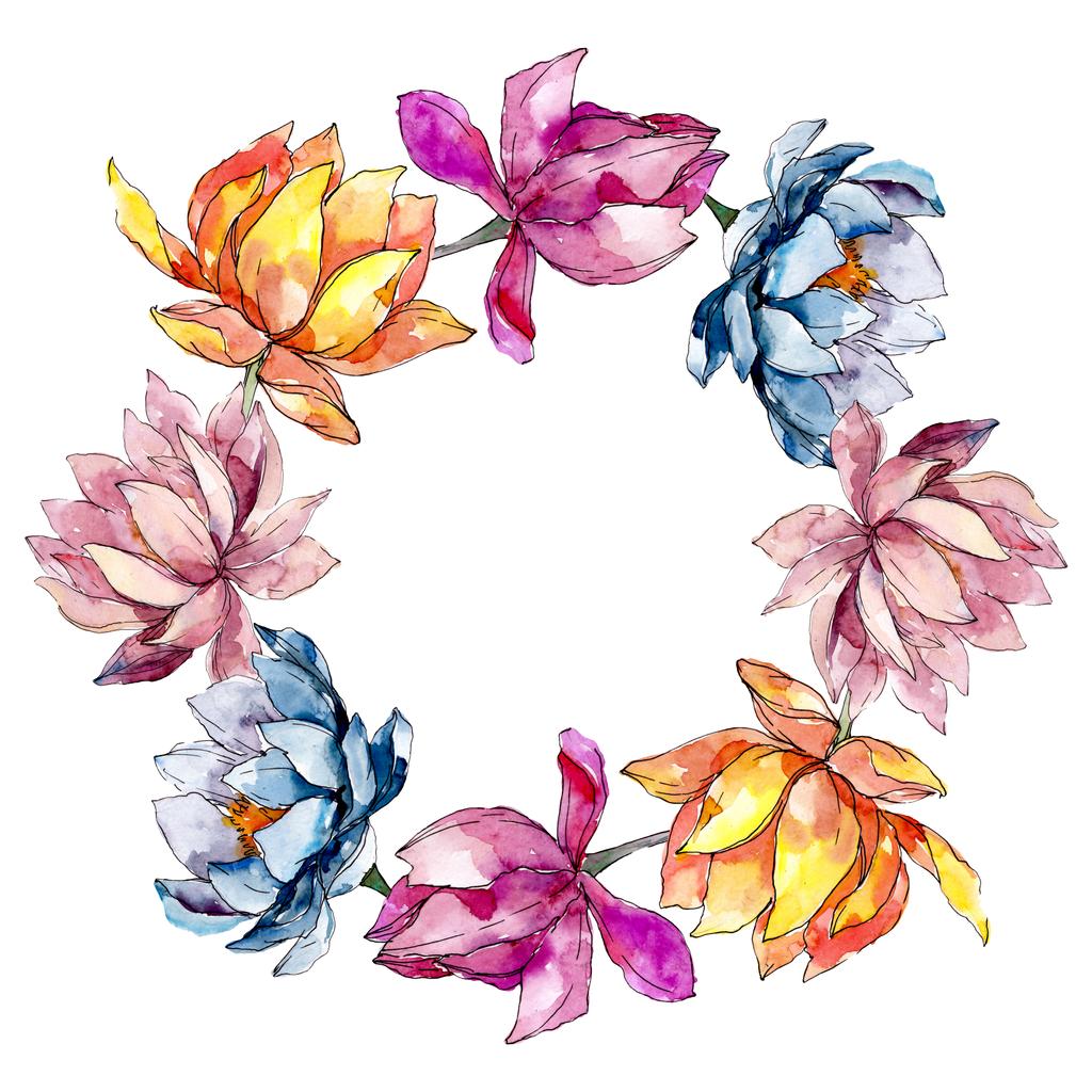 Lotusblüten, botanische Blumen. Aquarell Hintergrundillustration Set. Rahmen Rand Ornament Quadrat. - Foto, Bild