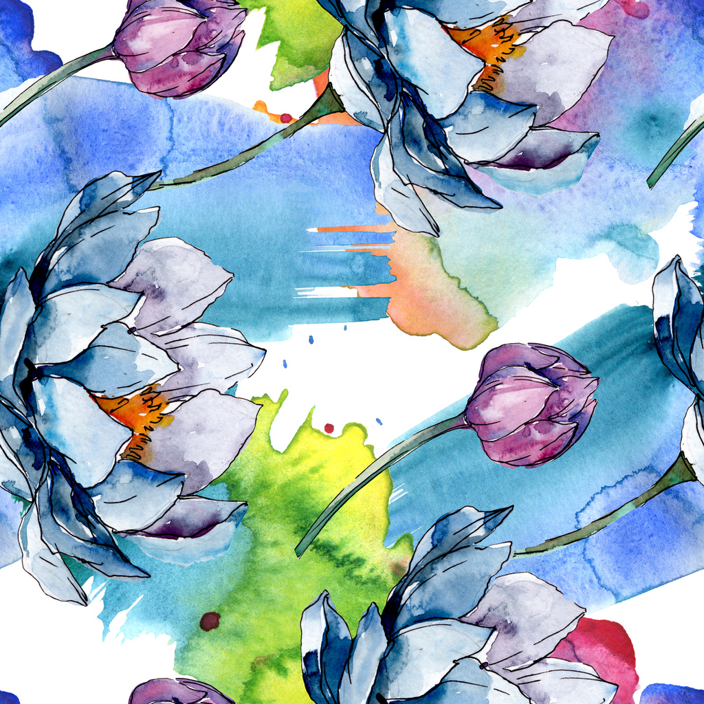 Lotus virág botanikai virágok. Akvarell háttér illusztráció meg. Folytonos háttérmintázat. - Fotó, kép