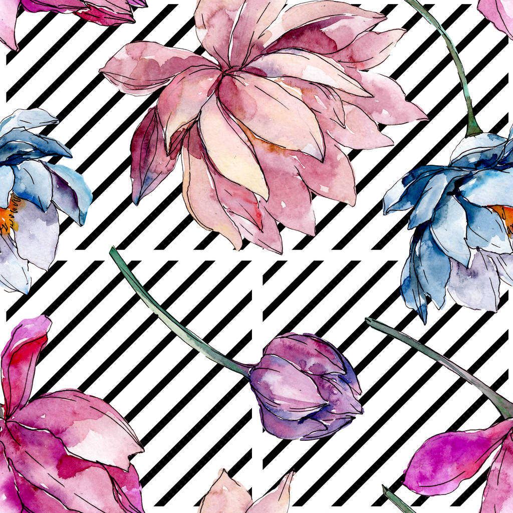 Lotus bloemen botanische bloemen. Aquarel achtergrond illustratie instellen. Naadloos achtergrond patroon. - Foto, afbeelding