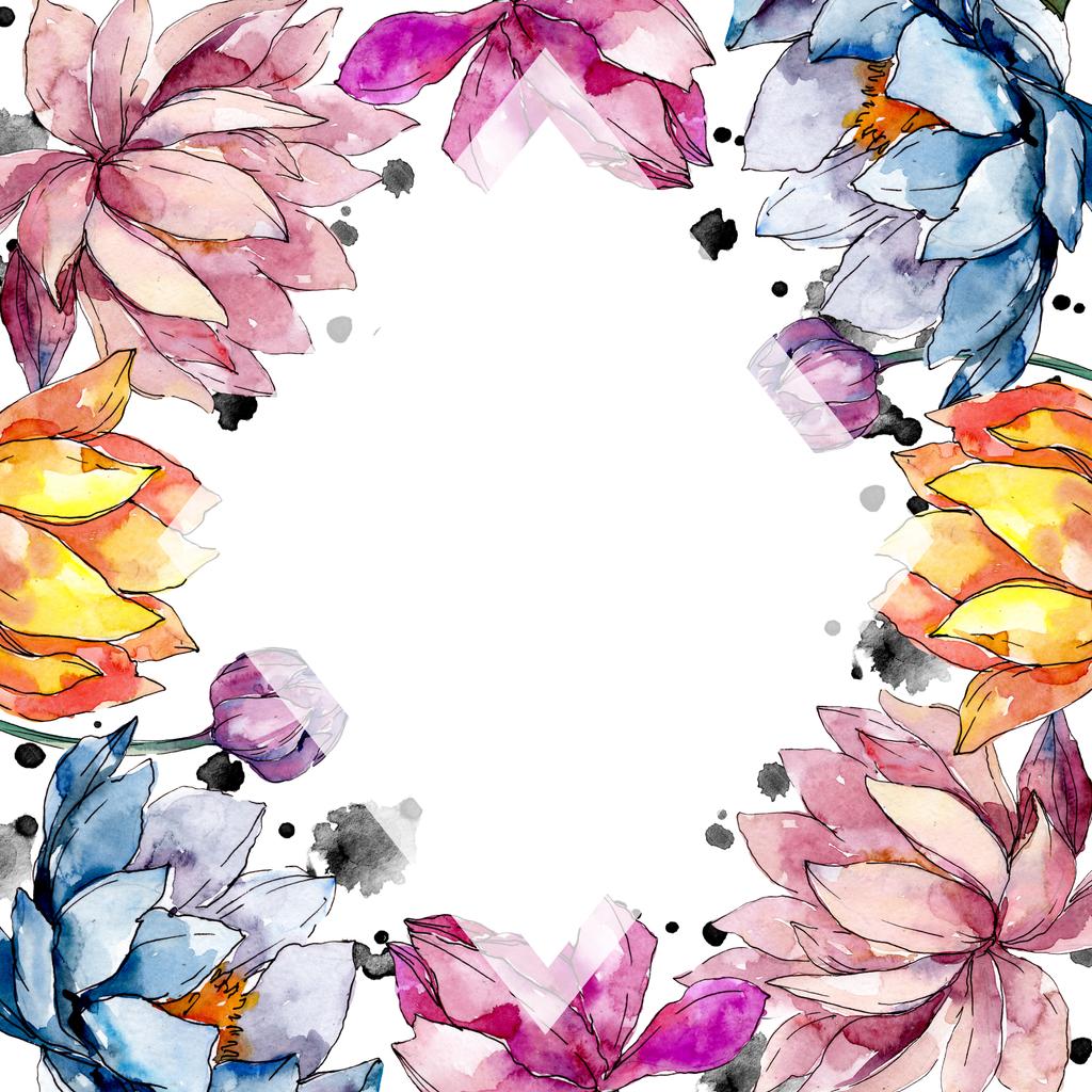Lotus flores botânicas florais. Conjunto de ilustração de fundo aquarela. Quadro borda ornamento quadrado
. - Foto, Imagem