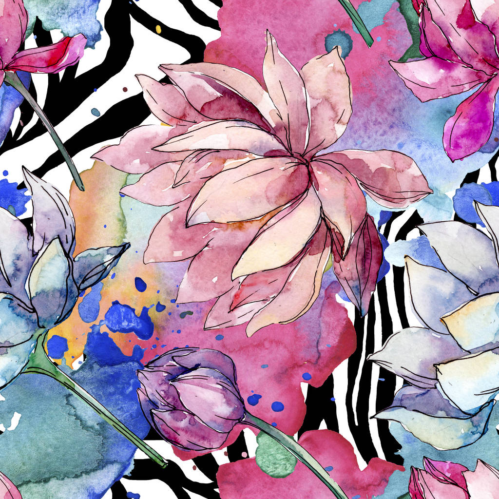 Lotus flores botânicas florais. Conjunto de ilustração de fundo aquarela. Padrão de fundo sem costura
. - Foto, Imagem