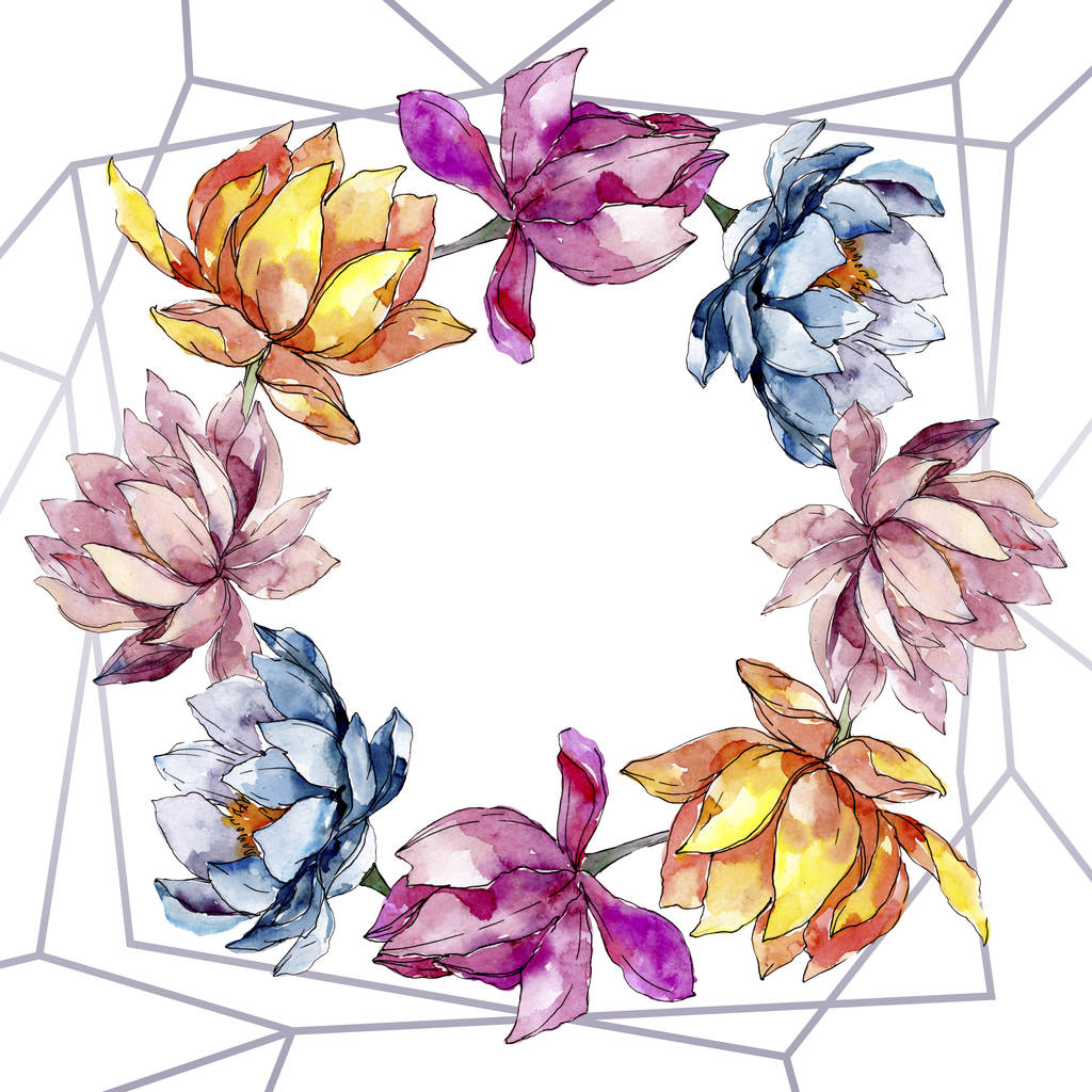Lotus bloemen botanische floweras. Aquarel achtergrond illustratie instellen. Frame rand ornament vierkant. - Foto, afbeelding