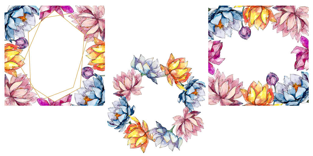 Lotus kwiatowe kwiaty botaniczne. Akwarela zestaw ilustracji tła. Obramowanie ramy ornament kwadrat. - Zdjęcie, obraz
