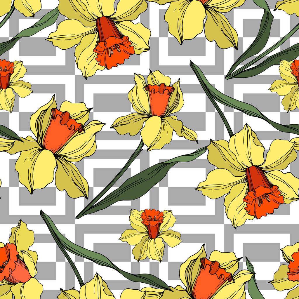 Vektor Narcissus virágos botanikus virág. Sárga és zöld gravírozott tinta művészet. Folytonos háttérmintázat. - Vektor, kép