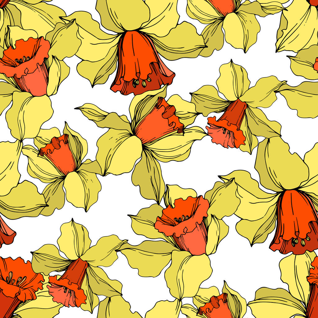 Vettore Narciso fiore botanico floreale. Inchiostro inciso giallo e arancione art. Modello di sfondo senza soluzione di continuità
. - Vettoriali, immagini