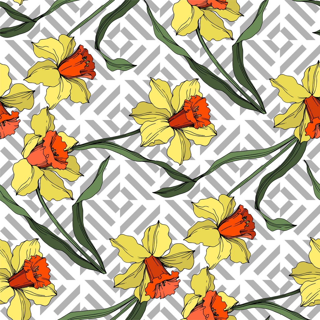 Vector Narcissus flor botánica floral. Arte de tinta grabada amarilla y verde. Patrón de fondo sin costuras
. - Vector, Imagen