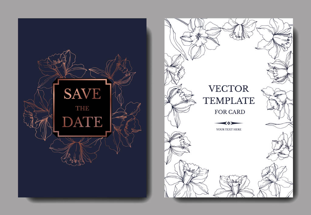 Vector Narcissus botanical flower. Blue and copper engraved ink art. Wedding background card floral decorative border. - Vector, Image