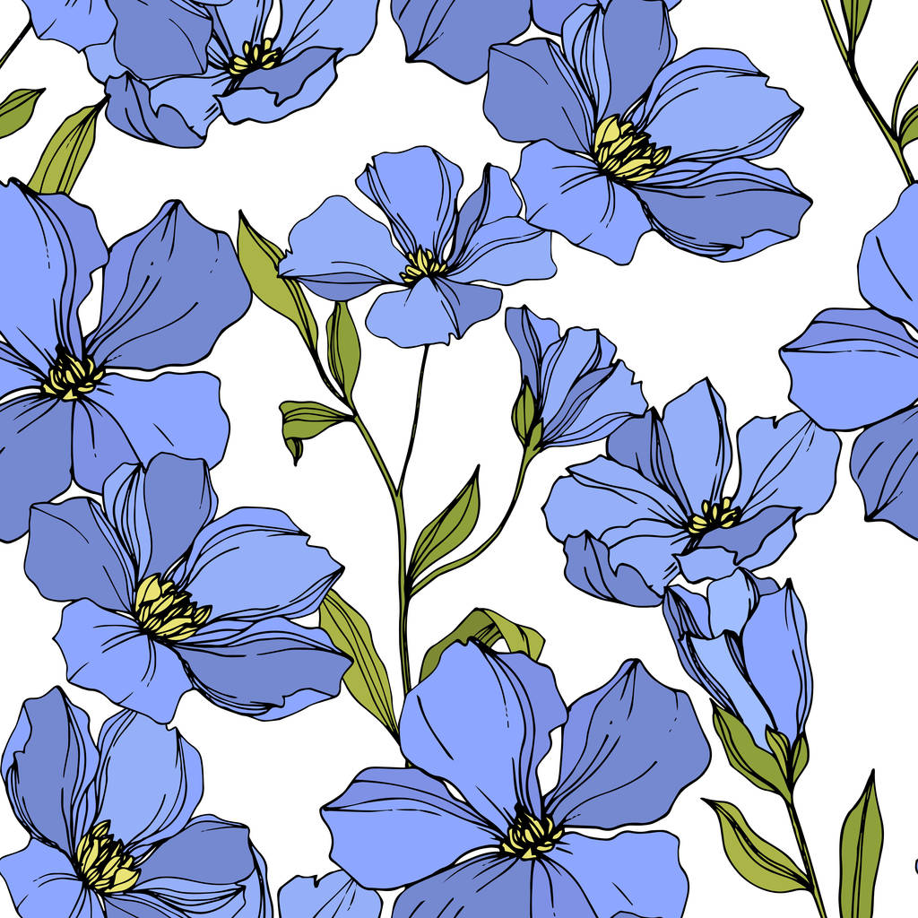 Vector Flax flores botánicas florales. Tinta grabada azul y verde. Patrón de fondo sin costuras
. - Vector, imagen