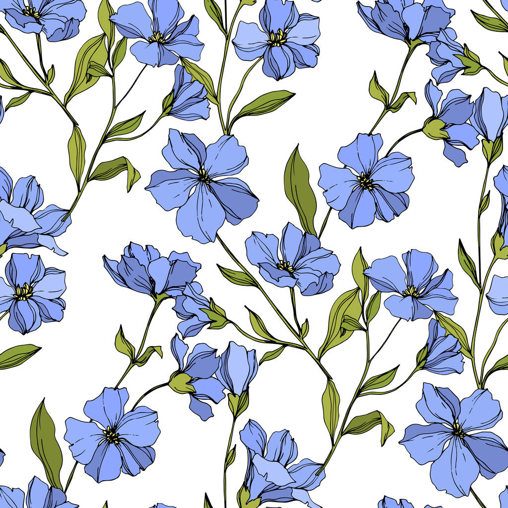 Vector Flax flores botánicas florales. Tinta grabada azul y verde. Patrón de fondo sin costuras
. - Vector, Imagen