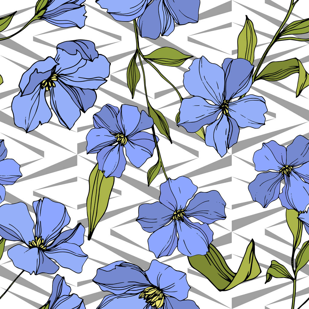 Vector Flax kwiatowy kwiatów botanicznych. Niebieska i zielona grawerowana sztuka atramentu. Płynny wzór tła. - Wektor, obraz