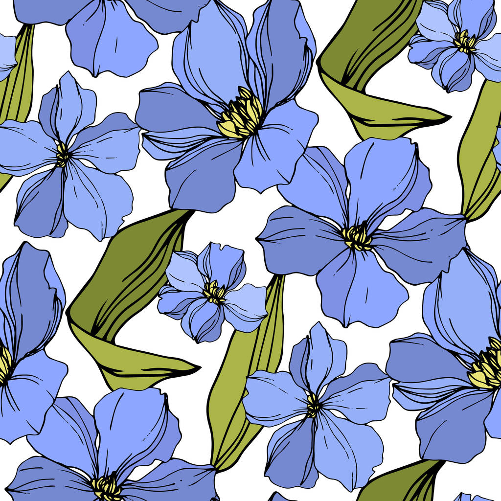 Vector vlas bloemen botanische bloemen. Blauwe en groene gegraveerde inkt kunst. Naadloos achtergrond patroon. - Vector, afbeelding
