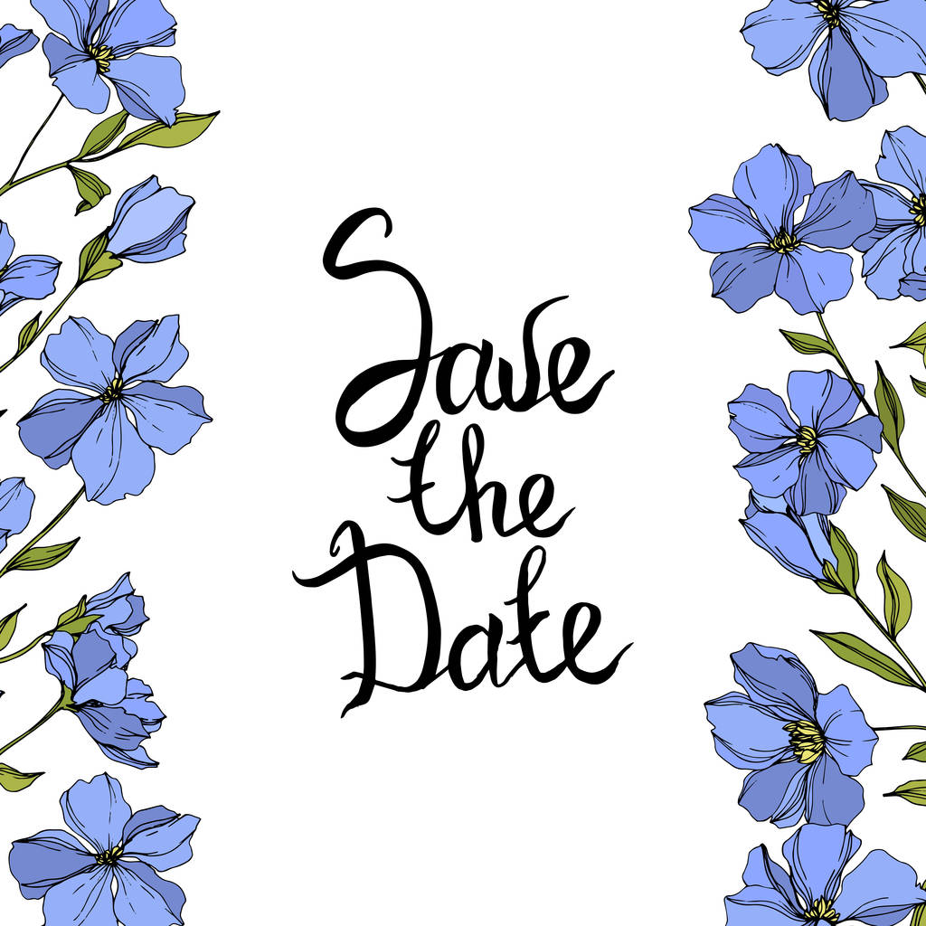 Vecteur Fleurs botaniques florales de lin. Encre gravée noire et bleue. Cadre bordure ornement carré
. - Vecteur, image