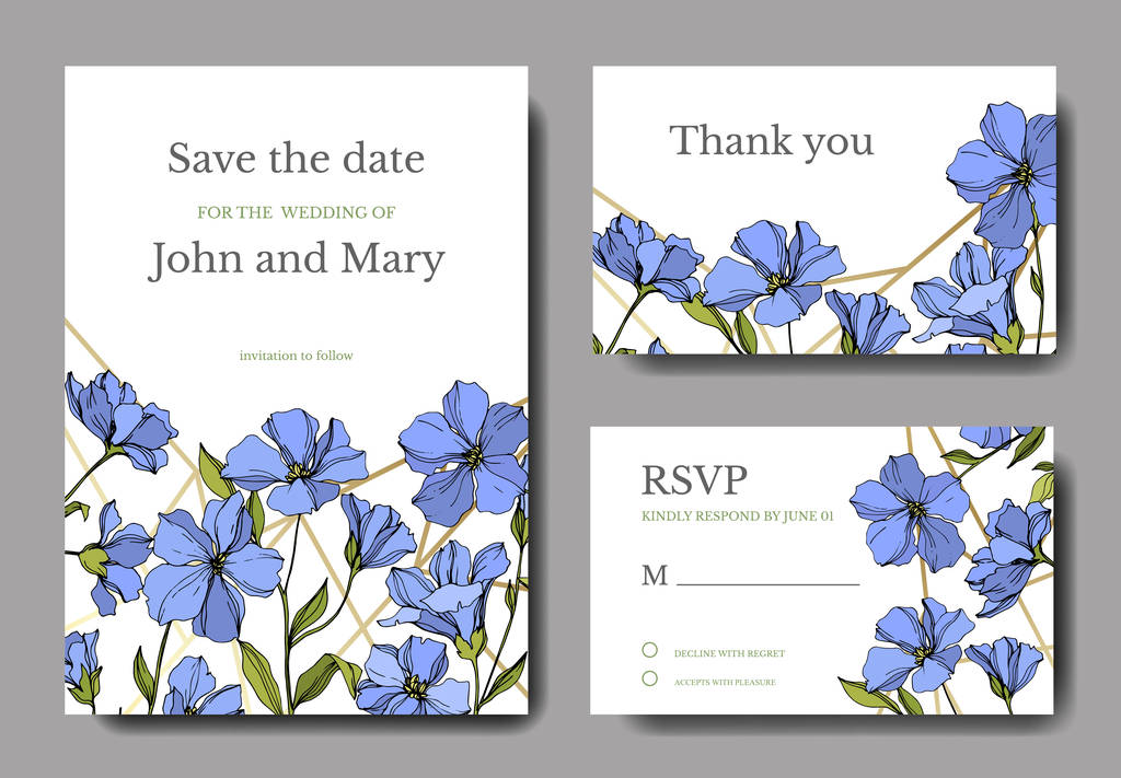 Vektor len botanikai virágok. Kék és zöld gravírozott tinta művészet. Esküvői háttérkártya virág dekoratív határon. - Vektor, kép