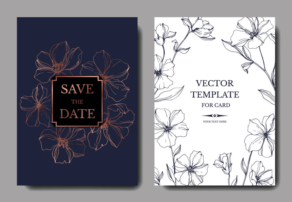 Vector Flax botanical flowers. Blue and copper engraved ink art. Wedding background card floral decorative border. - Vector, Image