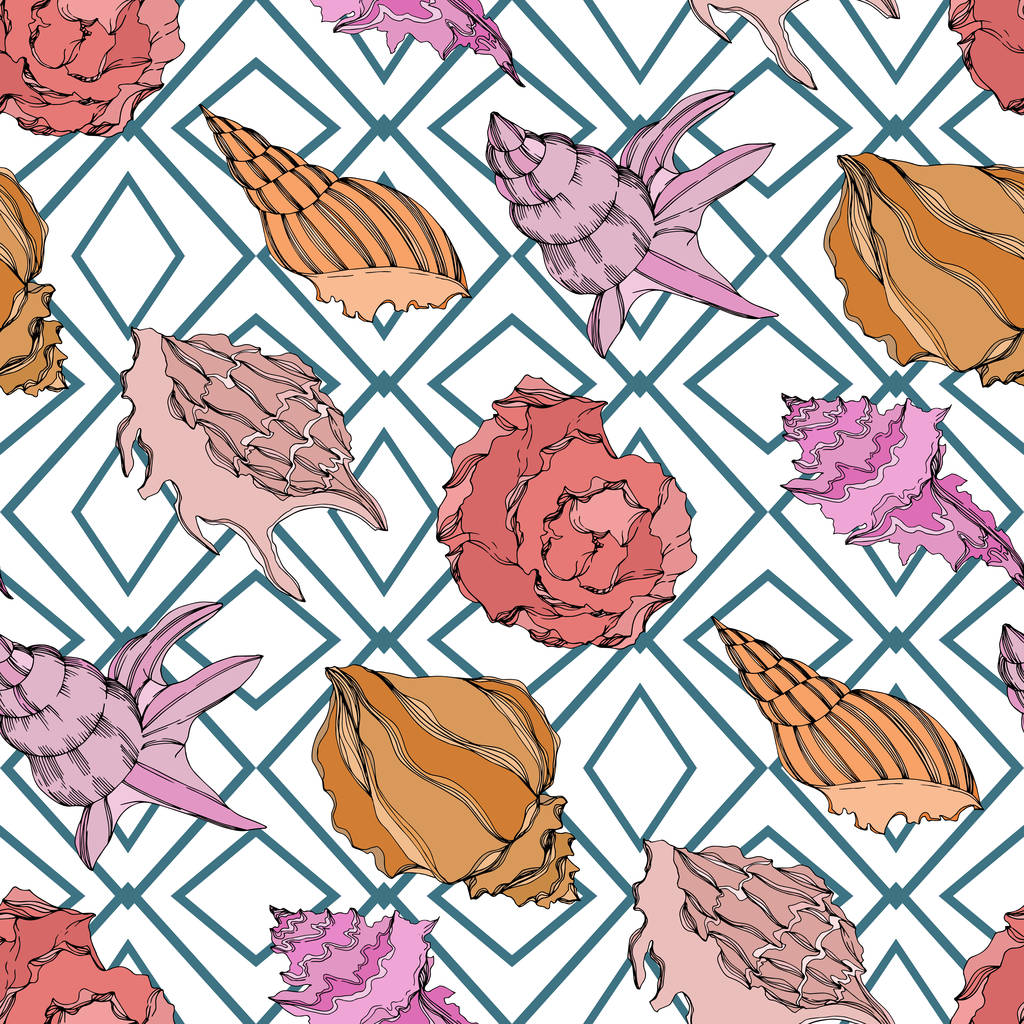 Vector Summer beach seashell tropical elements. Seamless background pattern. - Vector, Image