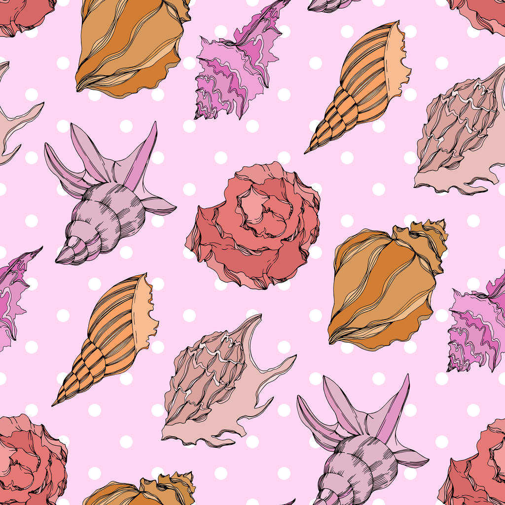 Vector Summer beach seashell tropical elements. Seamless background pattern. - Vector, Image