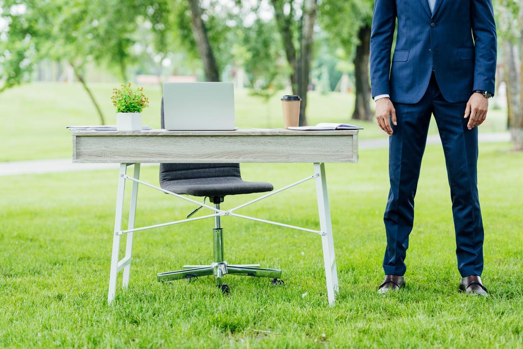 vista recortada de joven hombre de negocios en ropa formal de pie cerca de la mesa en el parque
 - Foto, Imagen