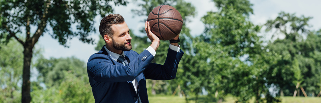 tiro panorâmico de homem de negócios segurando basquete e olhando para longe enquanto estava em pé no parque
 - Foto, Imagem
