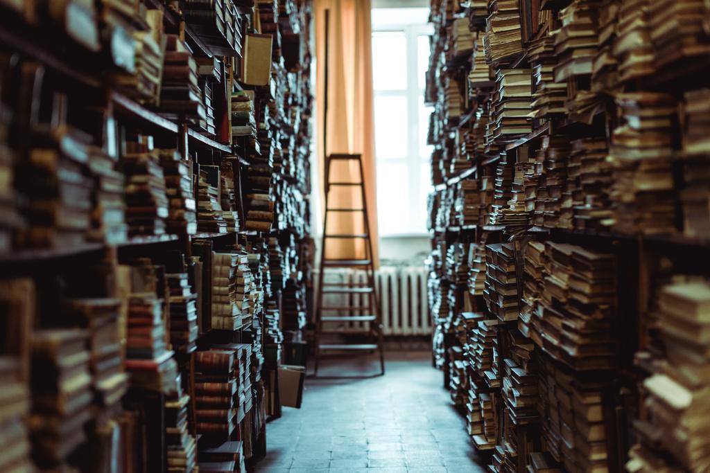 εσωτερικό της βιβλιοθήκης με βιβλία σε ξύλινα ράφια και ledder  - Φωτογραφία, εικόνα