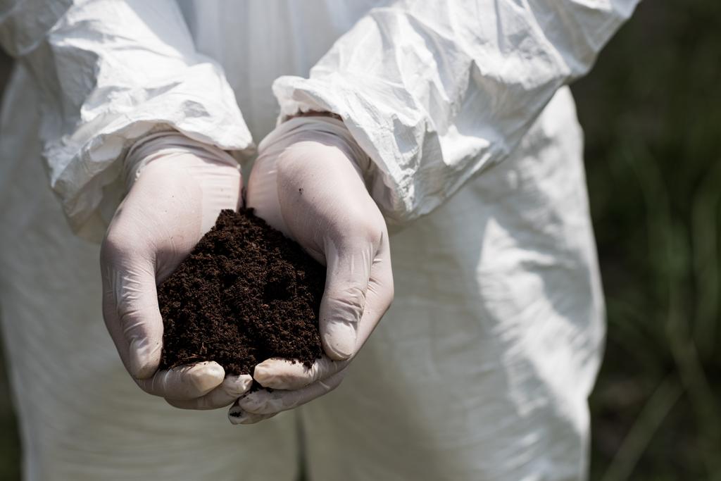 частичный взгляд эколога в латексных перчатках, держащих горсть почвы
 - Фото, изображение