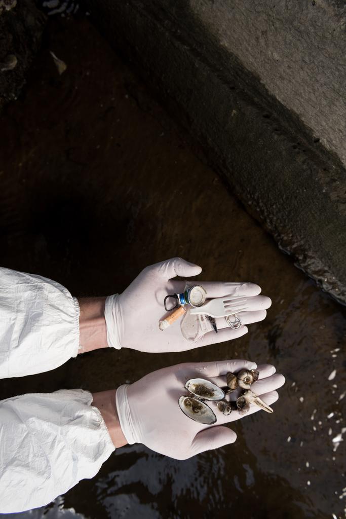 περικομμένη θέα του οικολόγου σε γάντια λατέξ κρατώντας κοχύλια και πλαστικά σκουπίδια - Φωτογραφία, εικόνα