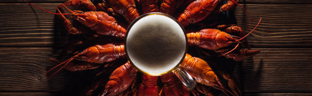 ahşap yüzeyde kırmızı ıstakoz ile plaka üzerinde bira cam panoramik çekim - Fotoğraf, Görsel