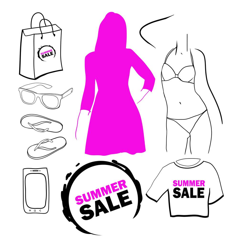 Conception de la vente saisonnière estivale de magasins de vêtements pour femmes, accessoires, un ensemble de dessins graphiques numériques
 - Vecteur, image