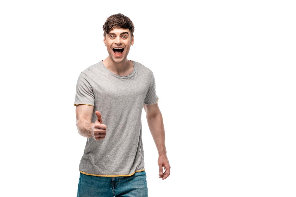 happy man showing thumb up while looking at camera isolated on white - Photo, Image