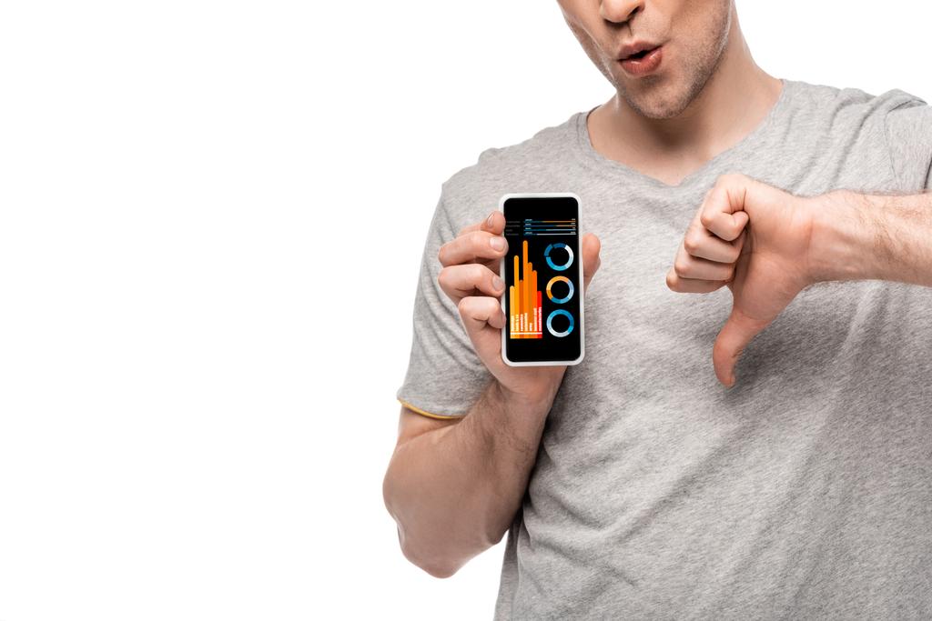 обрезанный вид человека, показывающего палец вниз и смартфон с инфографикой, изолированный на белом
 - Фото, изображение