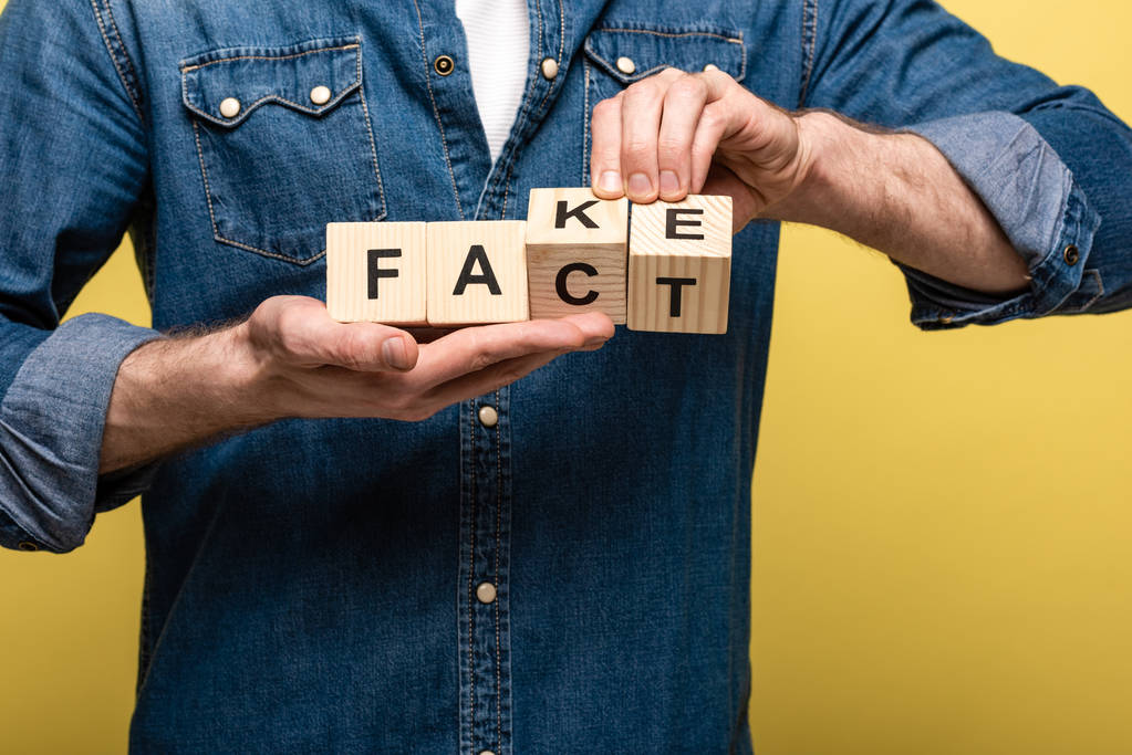 croped view of man holding wooden cubes with fake fact lettering isolated on yellow - Photo, Image
