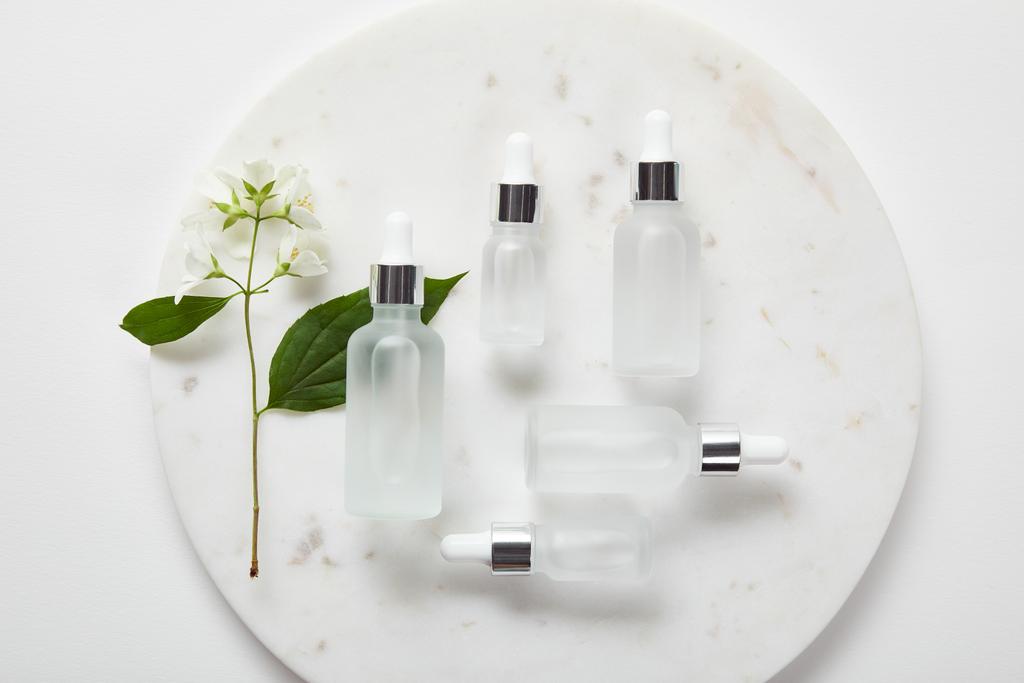 top view of plate with jasmine and cosmetic glass bottles on white surface - Photo, Image