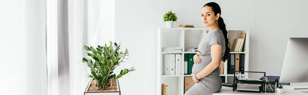 plano panorámico de la mujer embarazada de pie en la oficina cerca de la mesa y mirando hacia otro lado
 - Foto, Imagen