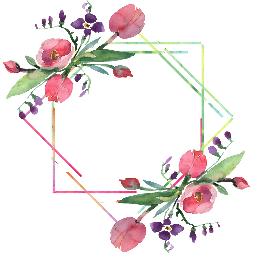 Bouquet floral botanical flowers. Watercolor background illustration set. Frame border ornament square. - Photo, Image