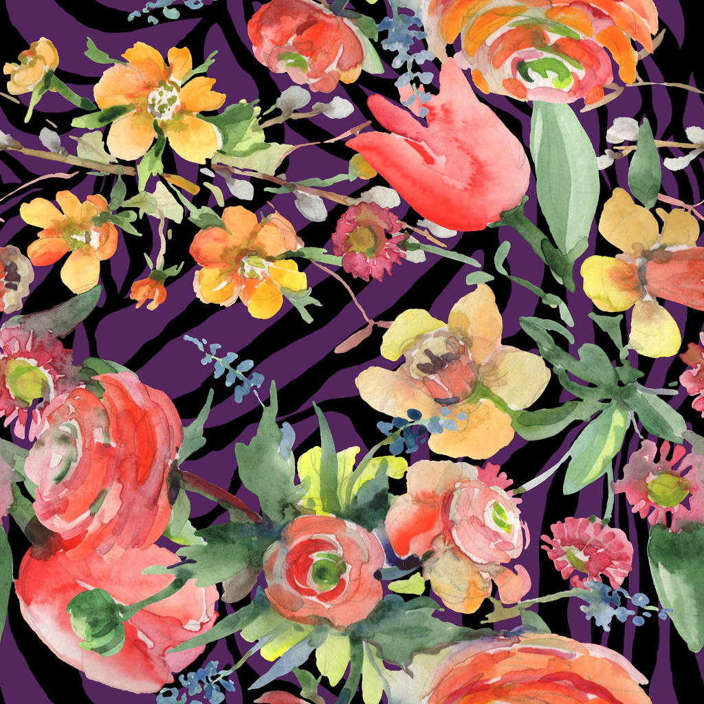 Blumenstrauß botanische Blumen. Aquarell Hintergrundillustration Set. nahtloses Hintergrundmuster. - Foto, Bild