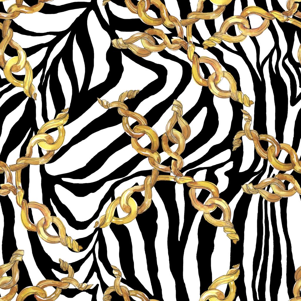 Ilustración de bocetos de cadenas doradas en un elemento aislado de estilo acuarela. Patrón de fondo sin costuras
. - Foto, Imagen
