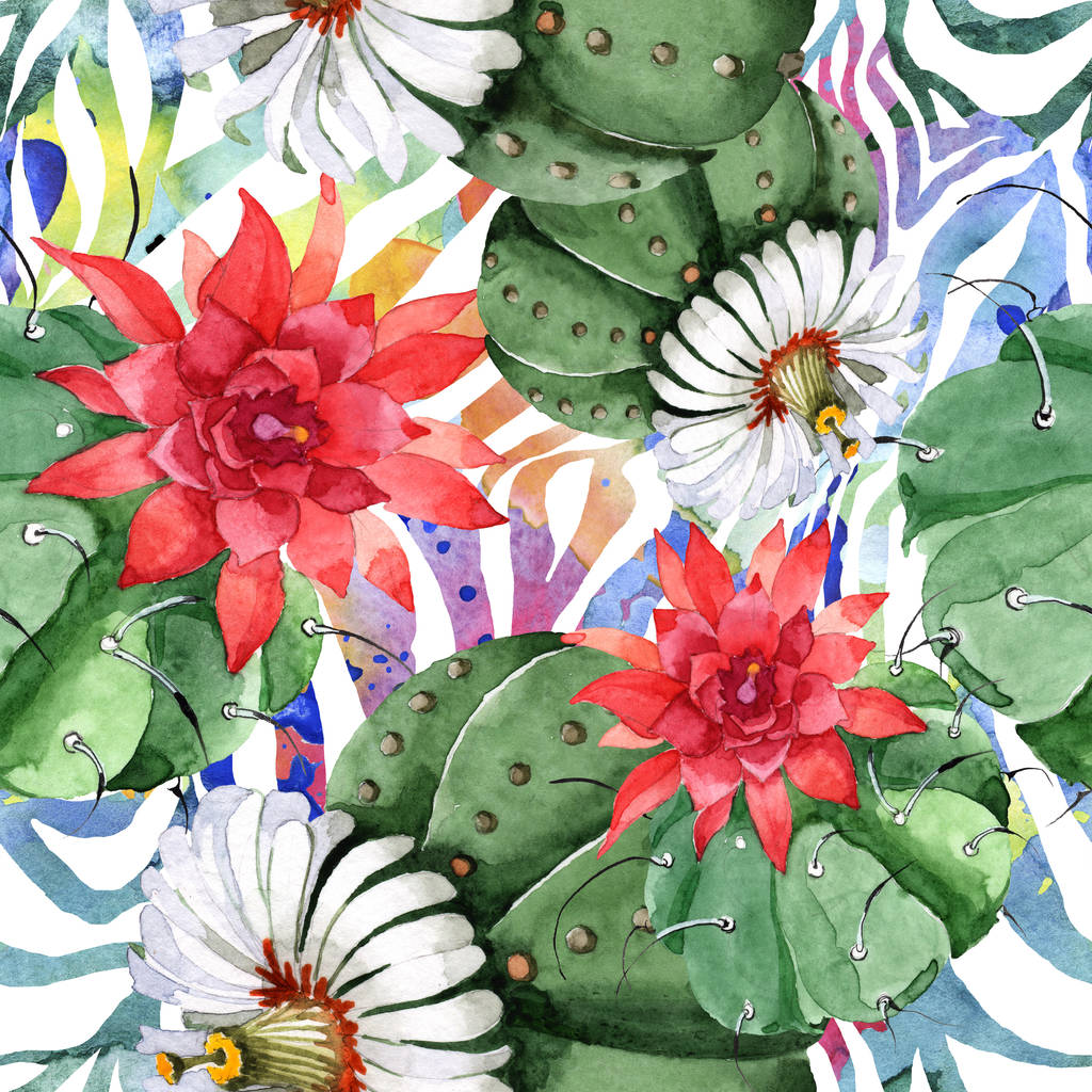 Flor botánica floral de cactus verde. Conjunto de ilustración de fondo acuarela. Patrón de fondo sin costuras
. - Foto, imagen