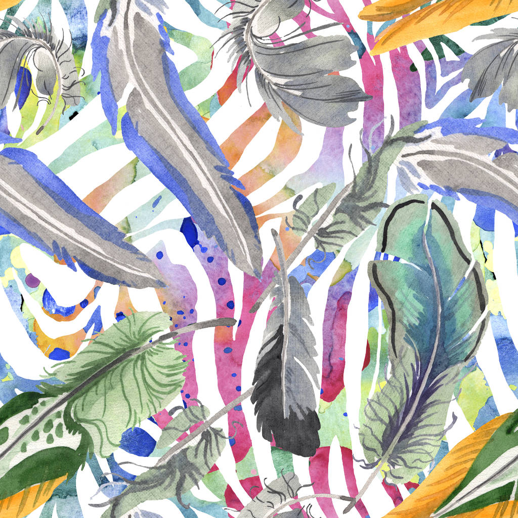 Aquarel vogel veren van vleugel geïsoleerd. Aquarelle Feather voor achtergrond. Naadloos achtergrond patroon. - Foto, afbeelding