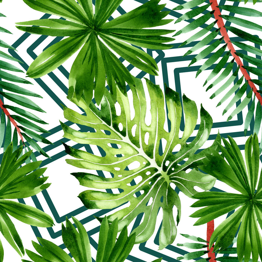 Palm Beach Tree листя джунглі ботанічний. Набір ілюстрацій для фону акварелі. Безшовний Фоновий малюнок. - Фото, зображення