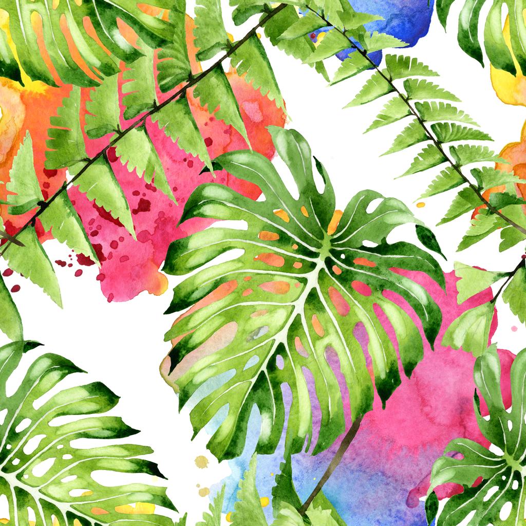 パームビーチの木はジャングルの植物を残します。●水彩背景イラストセット。シームレスな背景パターン. - 写真・画像