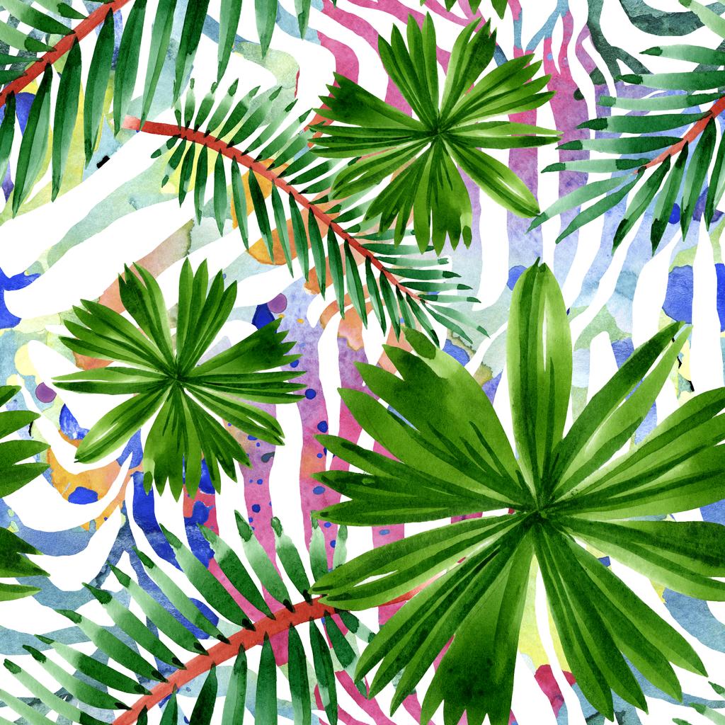 パームビーチの木はジャングルの植物を残します。●水彩背景イラストセット。シームレスな背景パターン. - 写真・画像