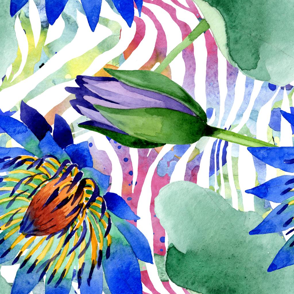 Flores botánicas de loto azul. Conjunto de ilustración de fondo acuarela. Patrón de fondo sin costuras
. - Foto, imagen