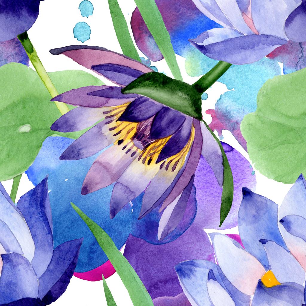 青蓮の花の植物の花。●水彩背景イラストセット。シームレスな背景パターン. - 写真・画像
