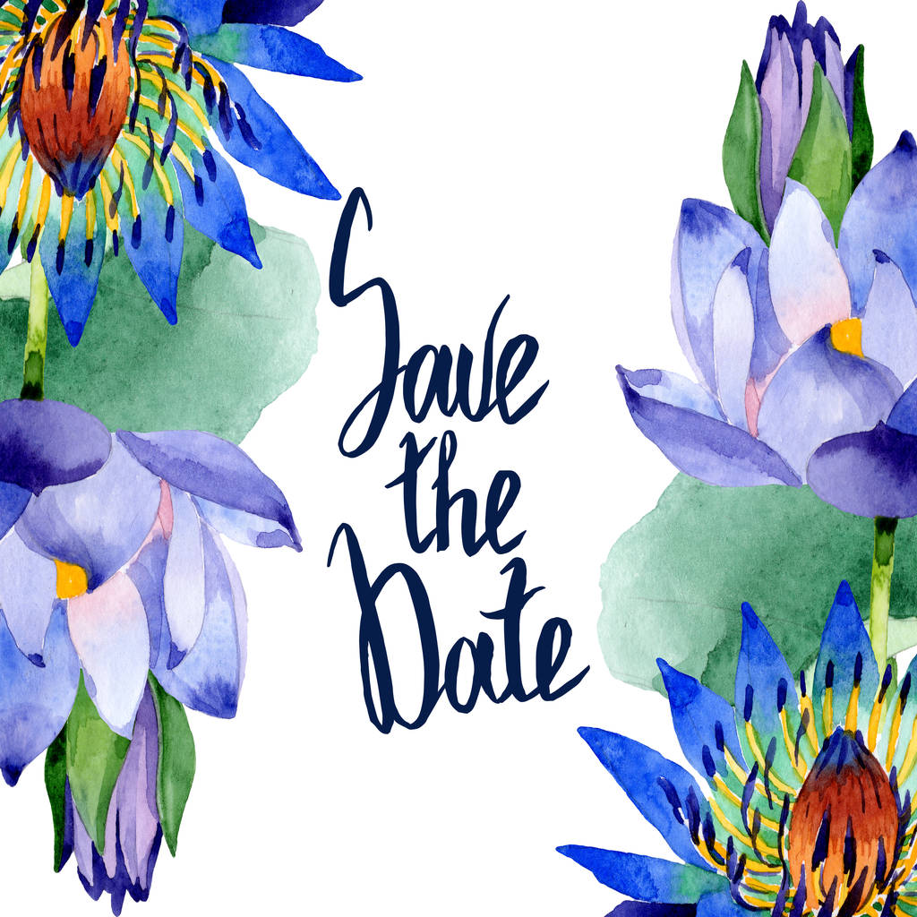 Blue lotus floral botanical flowers. Watercolor background illustration set. Frame border ornament square. - Photo, Image