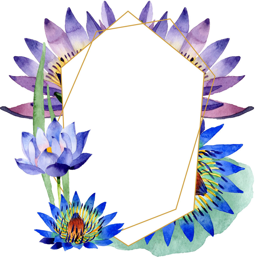 Niebieski Lotos kwiatowy kwiatów botanicznych. Akwarela zestaw ilustracji tła. Obramowanie ramy ornament kwadrat. - Zdjęcie, obraz