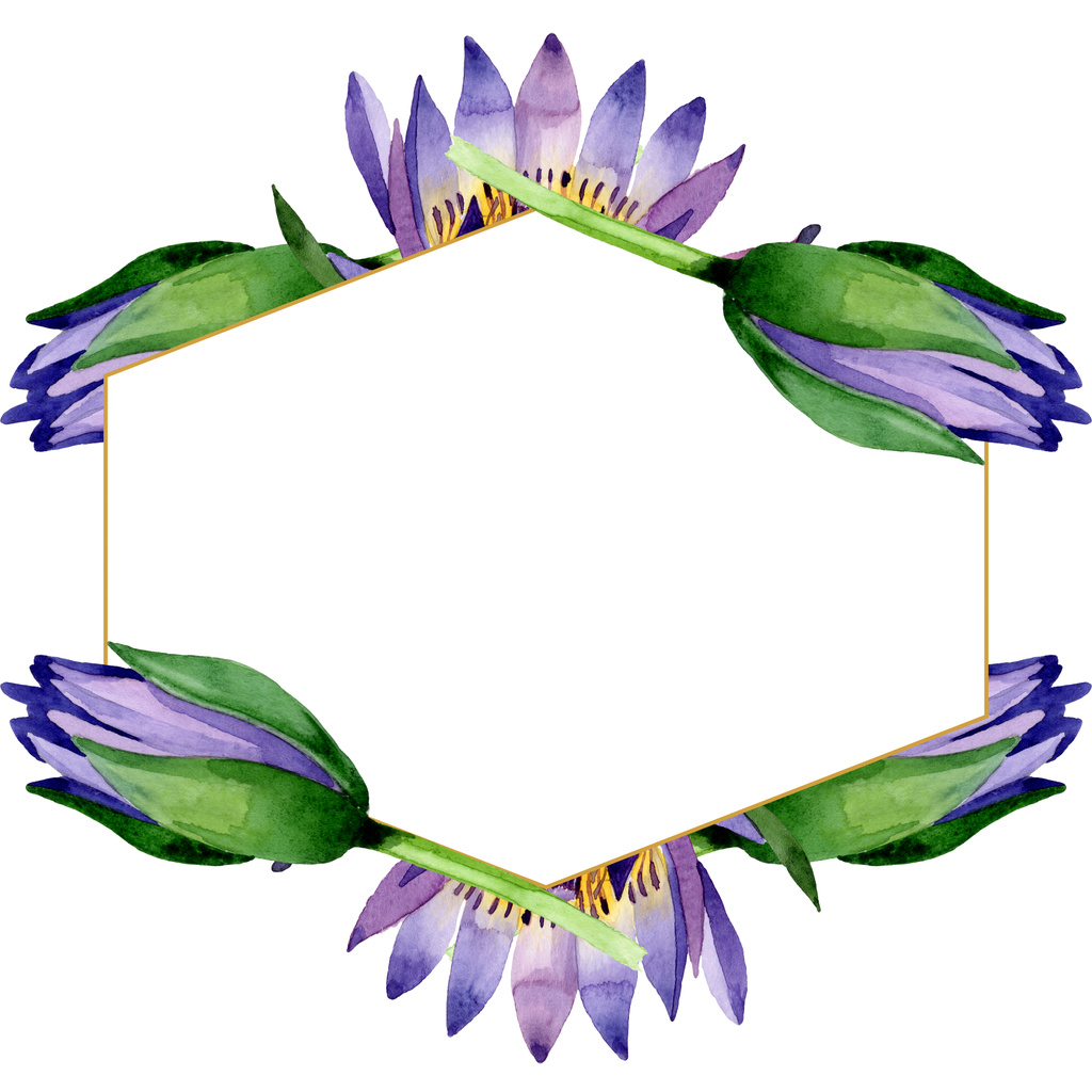 Fiori botanici floreali di loto blu. Acquerello sfondo illustrazione set. Quadrato ornamento bordo cornice
. - Foto, immagini