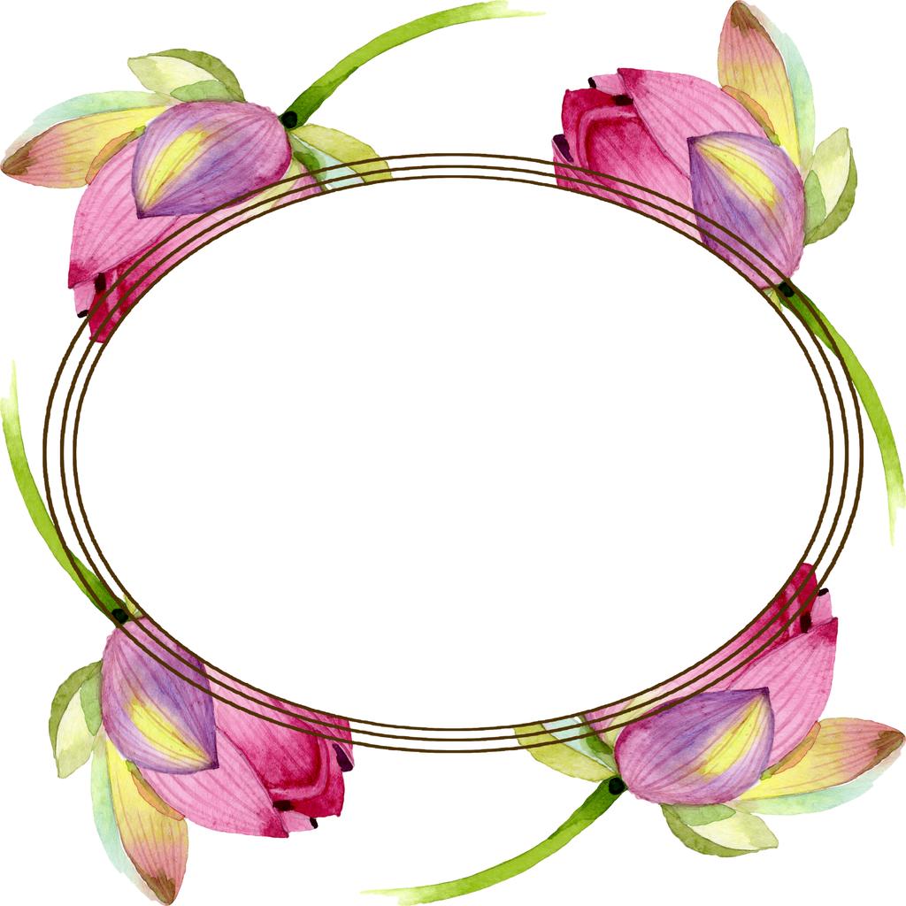 Roze lotusbloemen botanische bloemen. Aquarel achtergrond illustratie instellen. Frame rand ornament vierkant. - Foto, afbeelding