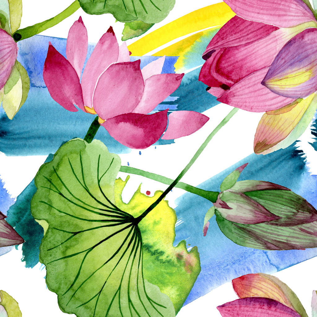 Roze lotusbloemen botanische bloemen. Aquarel achtergrond illustratie instellen. Naadloos achtergrond patroon. - Foto, afbeelding