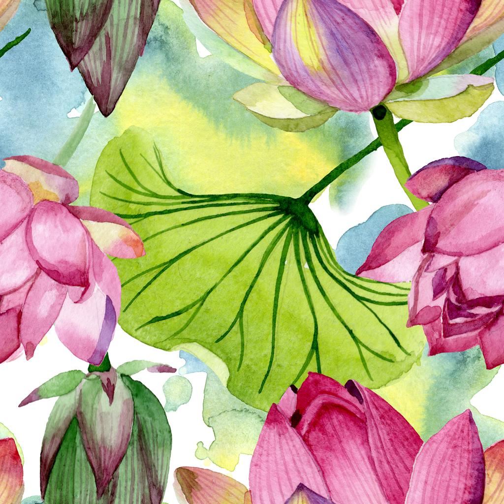 Flores botánicas florales de loto rosa. Conjunto de ilustración de fondo acuarela. Patrón de fondo sin costuras
. - Foto, imagen