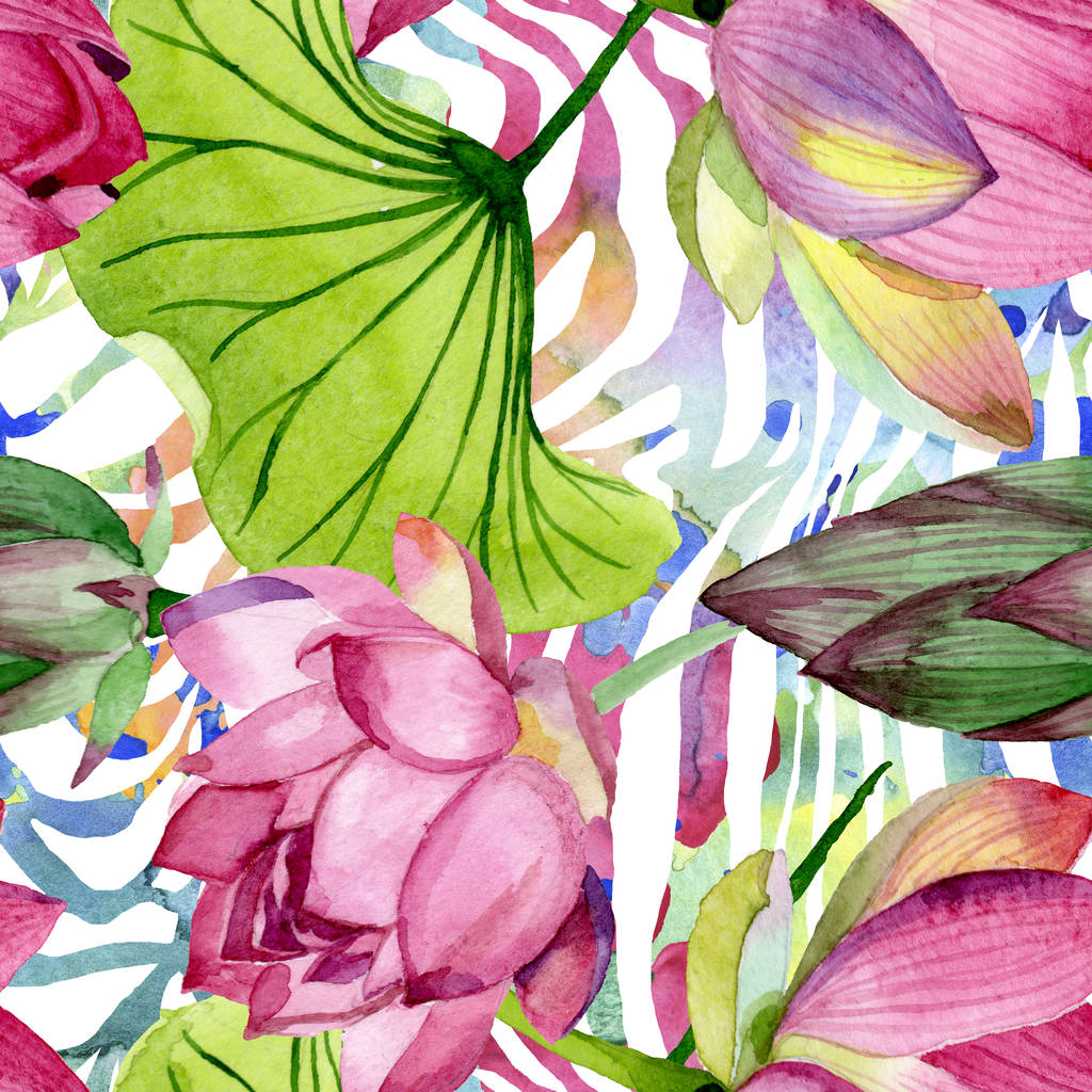 Pink lotus floral botanical flowers. Watercolor background illustration set. Seamless background pattern. - Photo, Image
