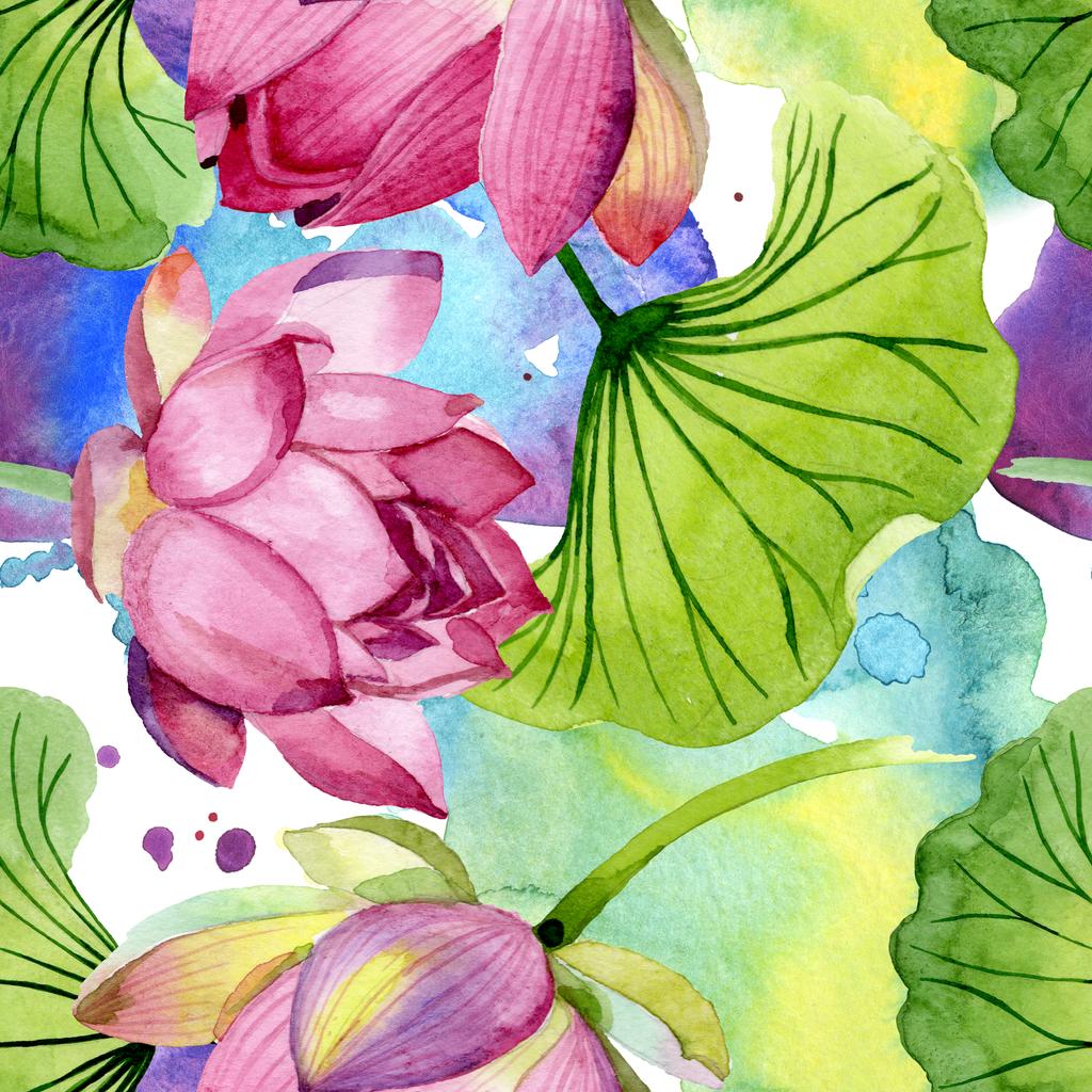ピンクの蓮の花の植物の花 野生の春の葉の野生の花 水彩イラストセット 水彩画ファッションアクアレル シームレスな背景パターン ファブリック壁紙プリントテクスチャ ロイヤリティフリー写真 画像素材